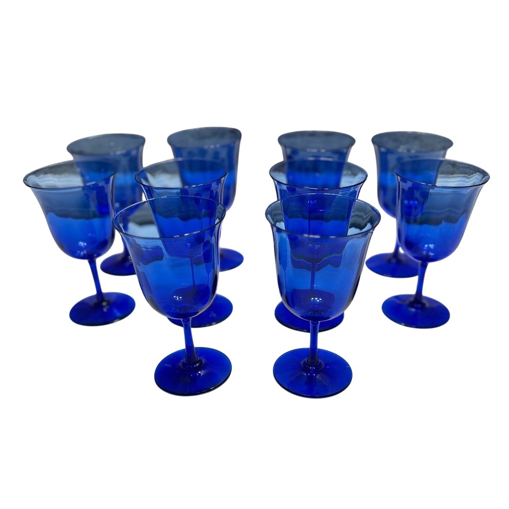 Unbranded Cobalt Blue Wine Goblets Set of 10 Tulip Stemware Glass Mid Century